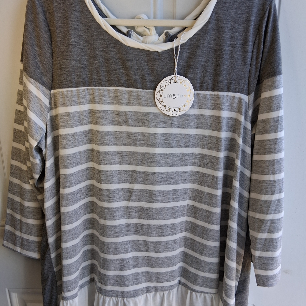 Umgee Gray and White Striped Long Sleeve Shirt